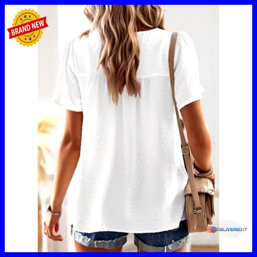 Short Sleeve Crewneck Blouse with Lace Hem, Chiffon Fabric, Boho Style - Picture 3 of 7